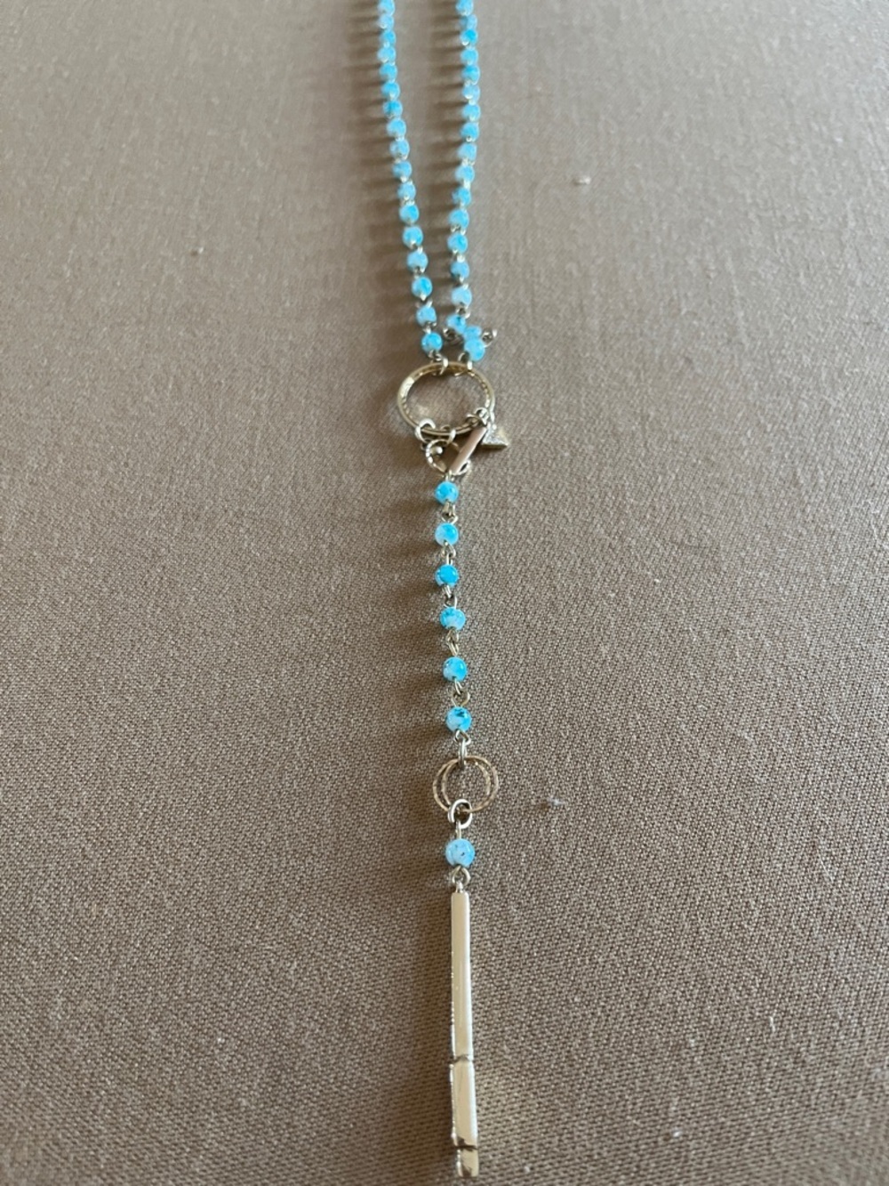 Express dainty turquoise bead long necklace with charms.